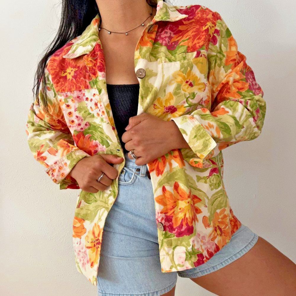 vtg 90s bright floral cotton jacket coat bold yellow orange Medium grandmacore‎
